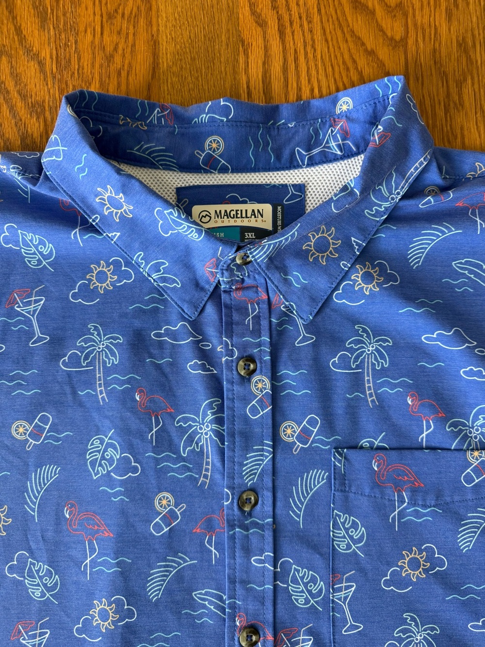 Magellan Outdoors Fish Gear Men’s 3XL Blue Tropical Flamingo Fishing Shirt